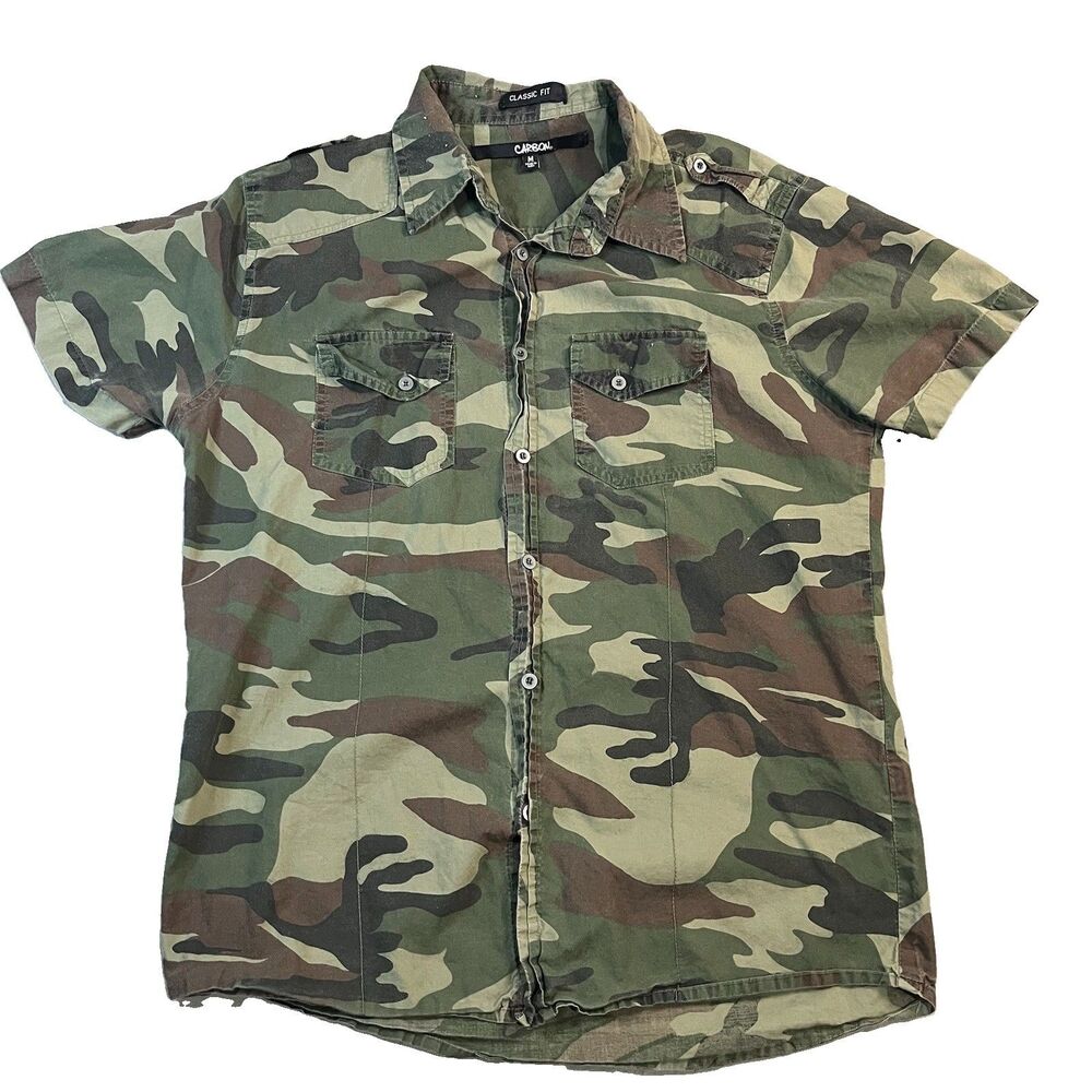 Carbon Classic Fit Camo Woodland Mens M Short Sleeve Button Up Shirt Gorpcore